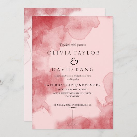 Moderne zachte Waterverf rode ombre bruiloft Kaart (Voorkant / Achterkant)