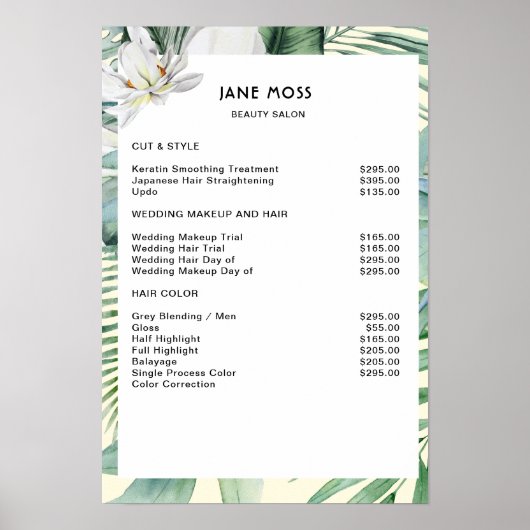 Moderne, zalon, waterverf tropische prijslijst poster (Voorkant)