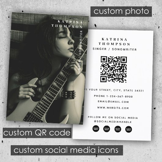 Moderne Zanger Muzikant Foto Gitarist QR Code Visitekaartje
