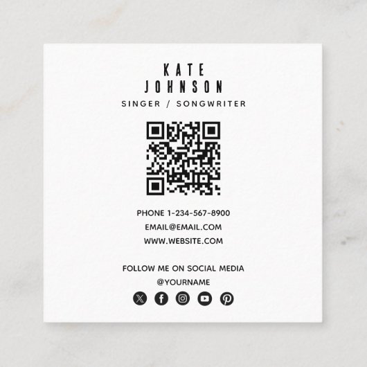Moderne zanger muzikant foto sociale media QR code Vierkante Visitekaartje (Achterkant)