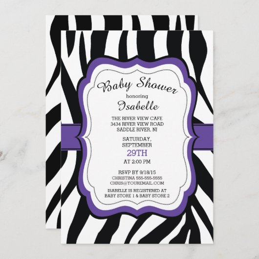 Moderne Zebra Print Meisjes Baby shower Uitnodigin Kaart (Voorkant / Achterkant)