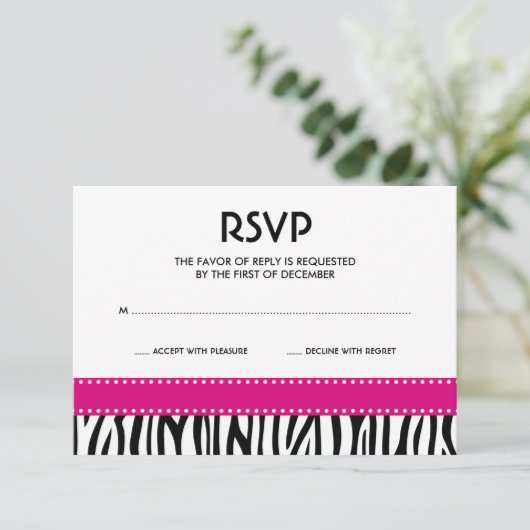 Moderne Zebra Stippen Roze Zwarte-reactiekaart RSVP Kaartje (Staand voorkant)