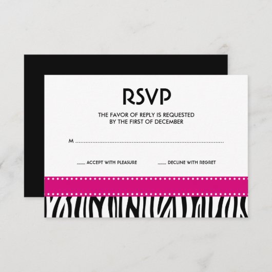 Moderne Zebra Stippen Roze Zwarte-reactiekaart RSVP Kaartje (Voorkant / Achterkant)