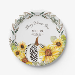 Moderne Zebra White Pumpkin Sunflower Baby shower Papieren Bordje