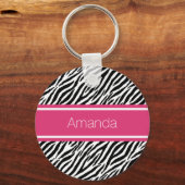 Moderne zebraafdruk met roze streep en naam sleutelhanger (Voorkant)