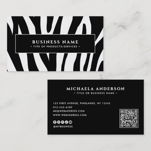 Moderne Zebraprint Zwart & Wit QR-code & Sociale m Visitekaartje (Voorkant / Achterkant)