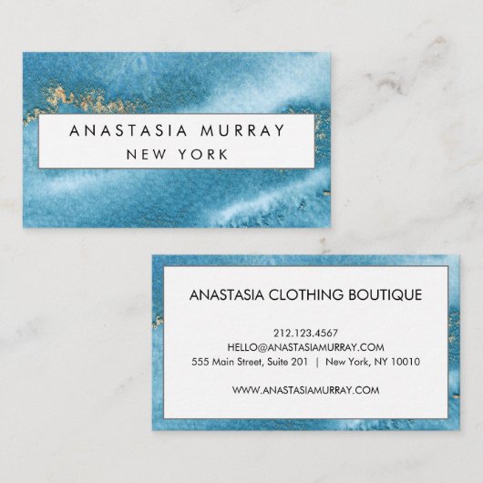 Moderne Zee Blue en Gold Glitter Minimalist Luxury Visitekaartje (Voorkant / Achterkant)