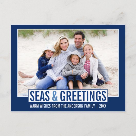 Moderne Zeeen en Groeten Familiefoto Blauw Briefkaart (Voorkant)