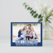 Moderne Zeeen en Groeten Familiefoto Blauw Briefkaart (Staand voorkant)