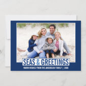 Moderne Zeeen en Groeten Familiefoto Blauw Feestdagenkaart (Voorkant)
