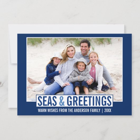 Moderne Zeeen en Groeten Familiefoto Blauw Feestdagenkaart (Voorkant)