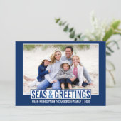 Moderne Zeeen en Groeten Familiefoto Blauw Feestdagenkaart (Staand voorkant)