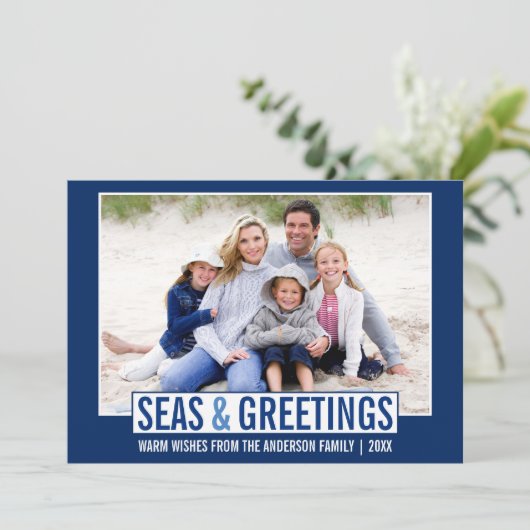 Moderne Zeeen en Groeten Familiefoto Blauw Feestdagenkaart (Staand voorkant)
