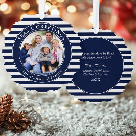 Moderne Zeeen en Groeten Foto Blauwe Strepen Ornament Kaart