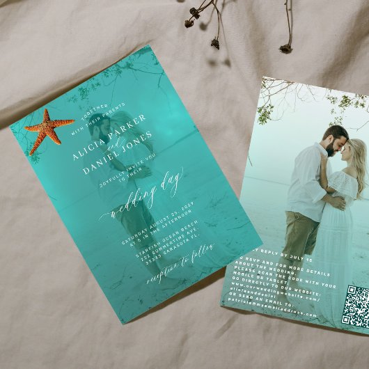 Moderne zeefoto QR code bestemming bruiloft Kaart