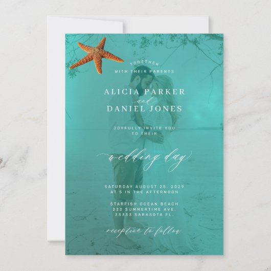 Moderne zeefoto QR code bestemming bruiloft Kaart (Voorkant)