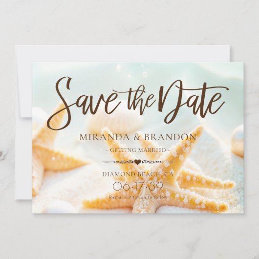 Moderne Zeester-Schelpen QR-code Strand Bruiloft Save The Date (Voorkant)