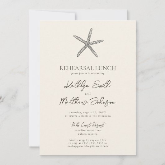Moderne zeesterren strand bruiloft repetitie lunch kaart (Voorkant)