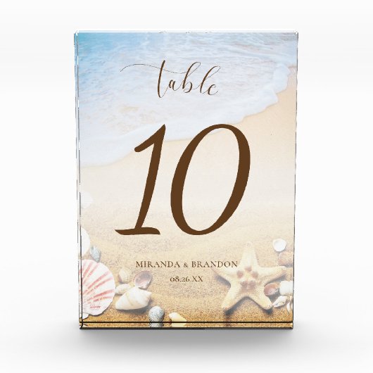 Moderne zeesterren strand bruiloft tafel nummer fotoblokken (Voorkant)