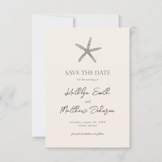 Moderne zeesterren strand oceaan bestemming bruilo save the date (Voorkant)