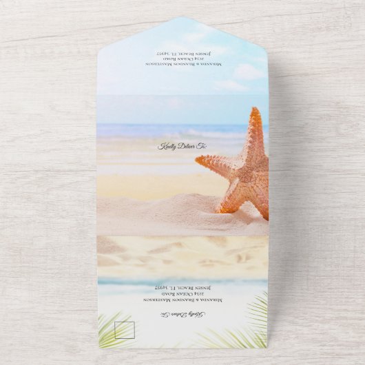 Moderne zeesterren tropische zomer strand bruiloft all in one uitnodiging (Buitenkant)