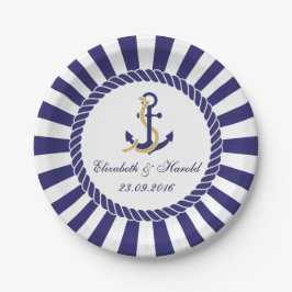 Moderne Zeevaart Huwelijk Marineblauw Witte Strepe Papieren Bordje