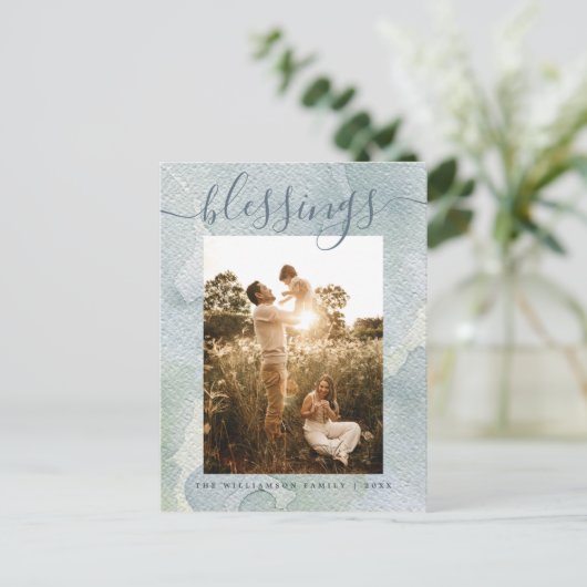 Moderne Zegeningen Blauw Waterverf Kerstvakantie Feestdagenkaart (Staand voorkant)