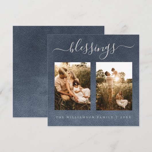 Moderne Zegeningen Donkerblauwe Kerst Foto Vakanti Feestdagenkaart (Voorkant / Achterkant)