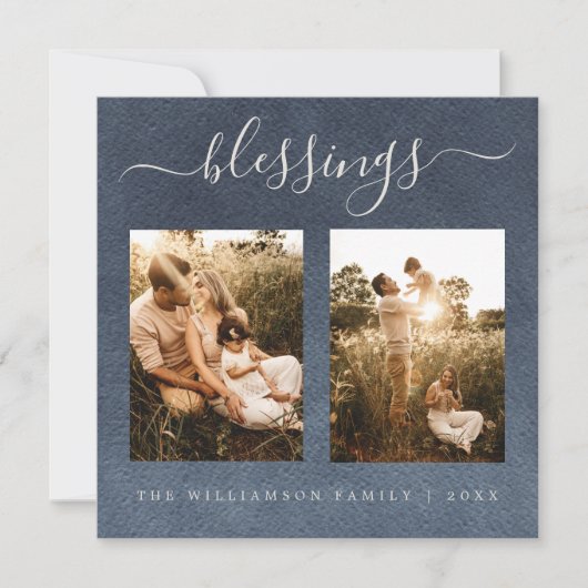 Moderne Zegeningen Donkerblauwe Kerst Foto Vakanti Feestdagenkaart (Voorkant)