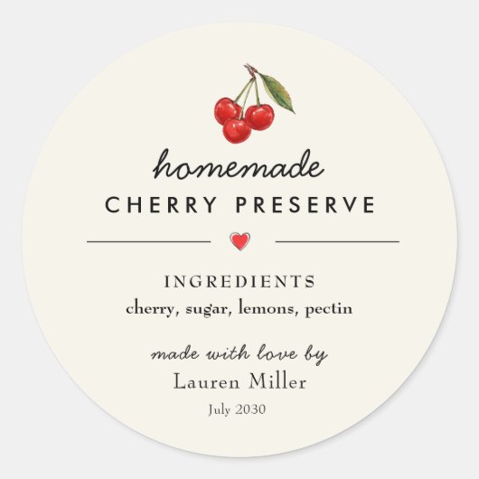 Moderne Zelfgemaakte Cherry Jam Jar Sticker (Voorkant)