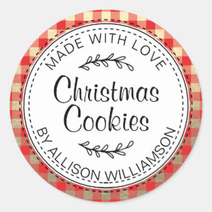 Moderne zelfgemaakte kerstkoekjes rood cheque goud ronde sticker