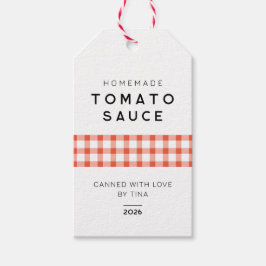 Moderne zelfgemaakte tomatensaus met geruit ontwer cadeaulabel