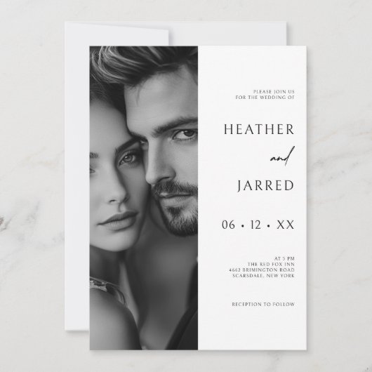 Moderne zijfoto zwart-wit QR-code bruiloft Kaart (Voorkant)