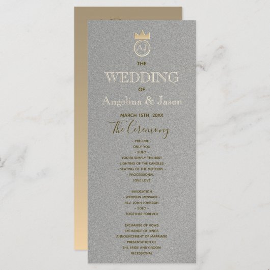 Moderne Zilver en Gouden Folie Royal Monogram Huwe Programmakaart (Voorkant / Achterkant)