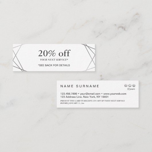 Moderne, zilver, geometrische patroonkorting mini visitekaartje (Voorkant / Achterkant)