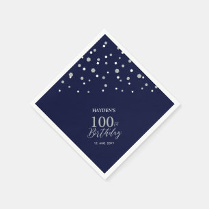 Moderne Zilver & Navy Blauwe 100e Verjaardagsfeest Servet