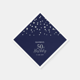 Moderne Zilver & Navy Blauwe 50e Verjaardagsfeestj Servet