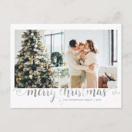 Moderne Zilver Prettig Kerstmis Hart Script Foto Feestdagenkaart (Voorkant)
