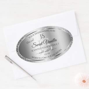 Moderne Zilver Zachte Glitter Monogram Productlabe Ovale Sticker