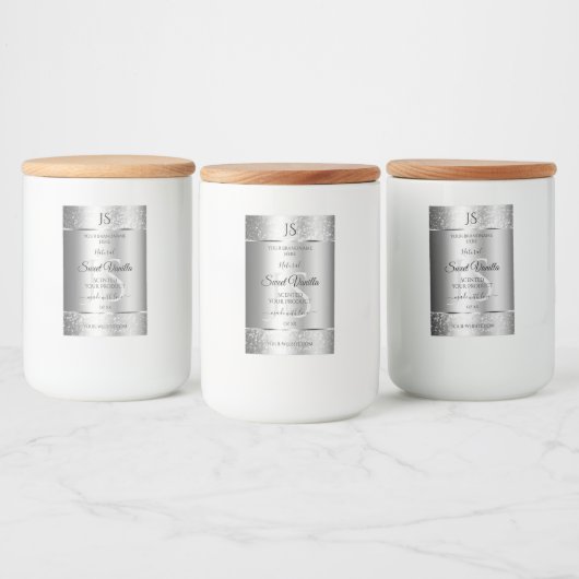 Moderne Zilver Zachte Glitter Monogram Productlabe Voedselcontainer Etiket (Flessen)