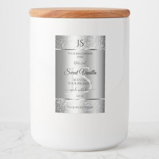 Moderne Zilver Zachte Glitter Monogram Productlabe Voedselcontainer Etiket (Voorkant)