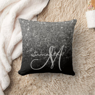 Moderne Zilver & Zwarte Glitter Ombre Monogram Kussen