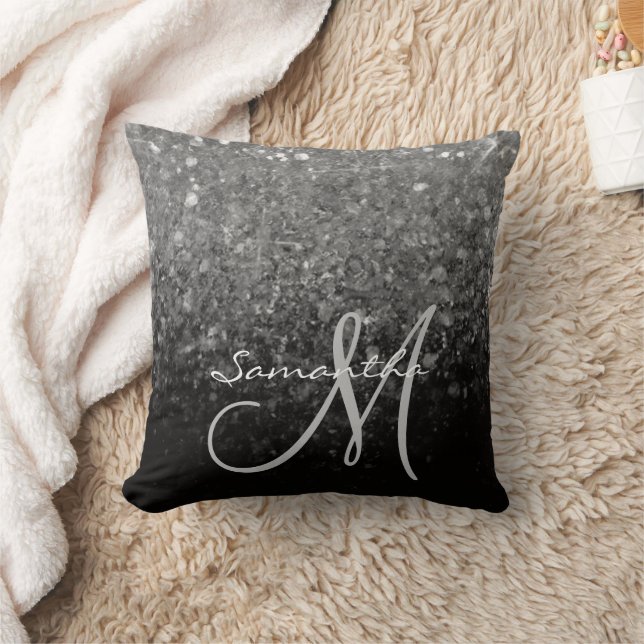 Moderne Zilver & Zwarte Glitter Ombre Monogram Kussen (Deken)