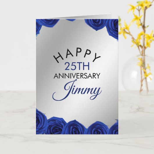 Moderne Zilverblauwe Rozen Man 25e Jubileum Kaart (Gele Bloem)