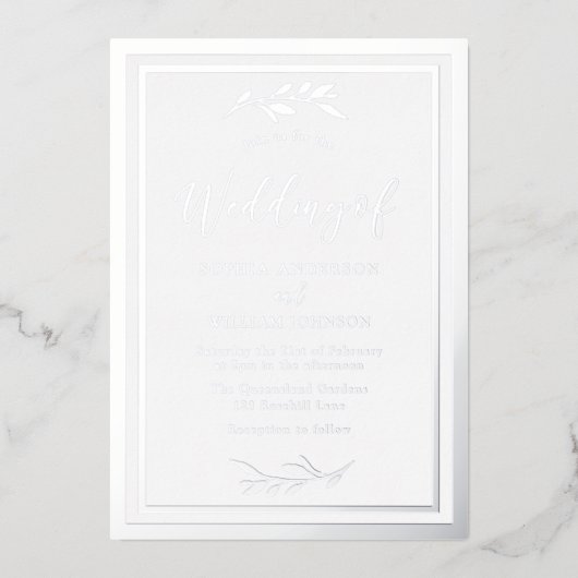 Moderne Zilveren Blad Elegante Rand Trouw Folie Uitnodiging (Voorkant)