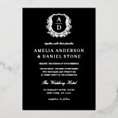 Moderne Zilveren Bladige Crest Monogram Foto Huwel Folie Uitnodiging (Voorkant)