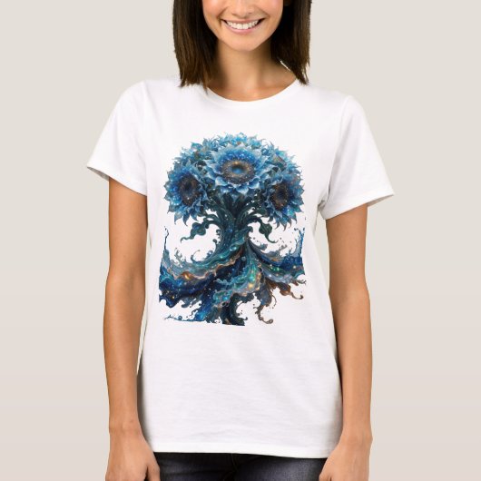 Moderne zilveren BLauwe BLADEREN BOOM Shirt Design (Voorkant)