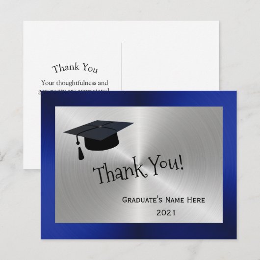 Moderne Zilveren Blauwe Hoed Dank Je Afstudeerfees Briefkaart (Voorkant / Achterkant)