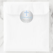 Moderne Zilveren Blauwe Kruis COMMUNION Jongen Dan Ronde Sticker (Tas)