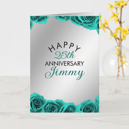 Moderne Zilveren Blauwgroen Rozen Man 25e Jubileum Kaart (Gele Bloem)